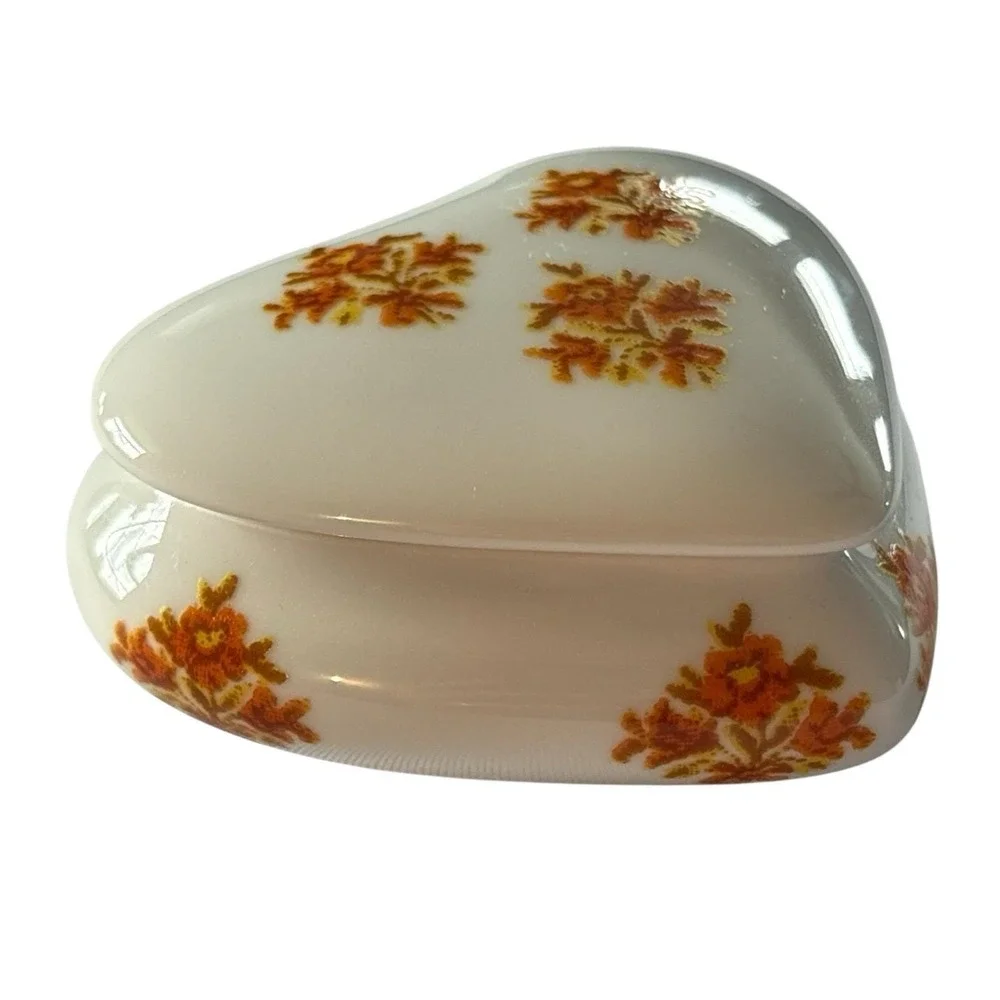 Limoges France Trinket Box Hand Painted Heart Shaped Floral Orange VTG Porcelain
